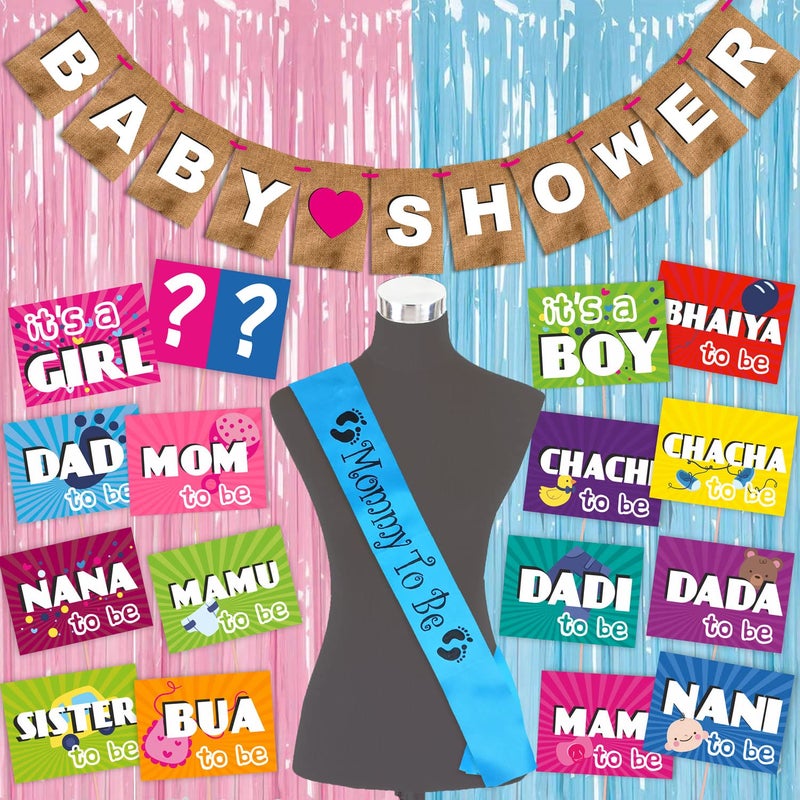 Wobbox Baby Shower Decoration Items| Baby Shower Ceremony Photo Booth Props For Photoshoot, Baby Shower Banner, Mom To Be Sash& Backdrop Foil Curtain, Godh Bharai Ceremony Decoration Kit-(FP1966) - Image 1