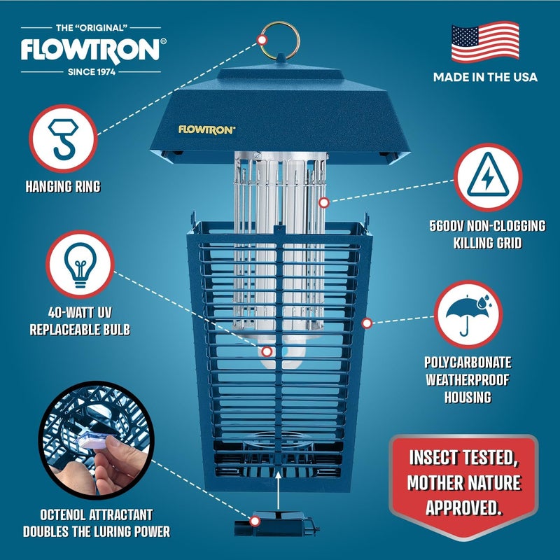 Flowtron Bug Zapper, 1 Acre of Outdoor Coverage with Powerful 40W Bulb & 5600V Instant Killing Grid, Electric Insect, Fly & Mosquito Zapper, Made in The USA - Blue Color - Image 2