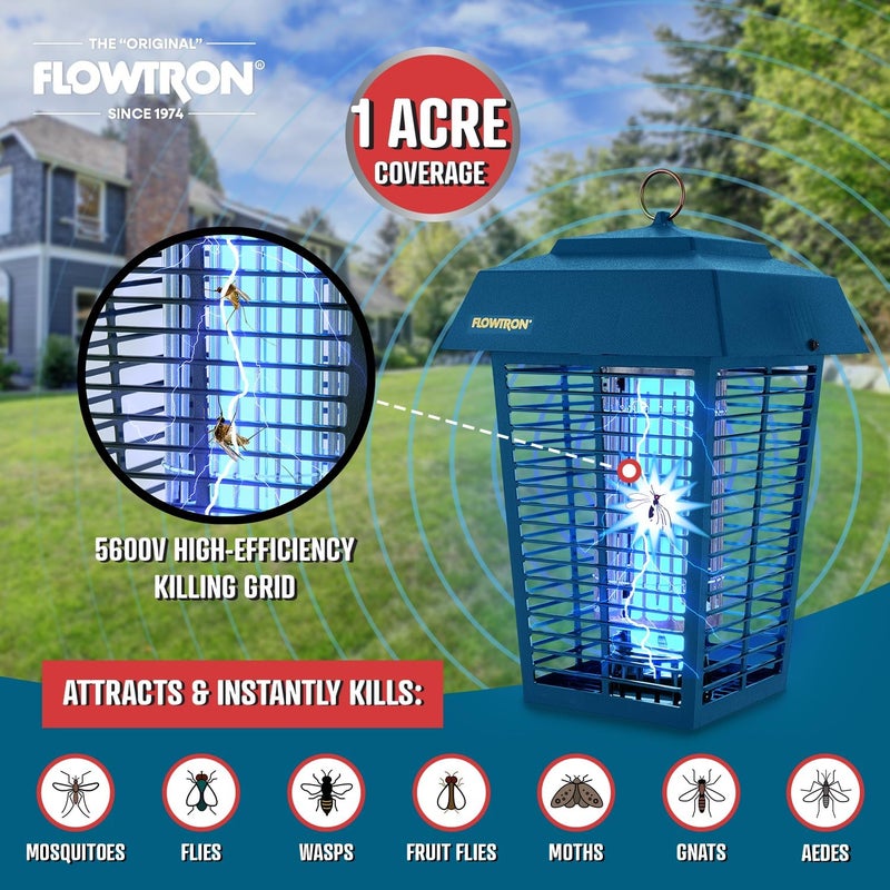 Flowtron Bug Zapper, 1 Acre of Outdoor Coverage with Powerful 40W Bulb & 5600V Instant Killing Grid, Electric Insect, Fly & Mosquito Zapper, Made in The USA - Blue Color - Image 4