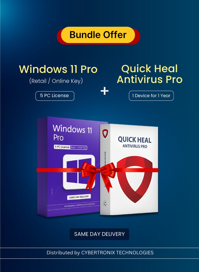Windows Microsoft Windows 11 Pro ( 5PC Retail License ) | Quick Heal Antivirus Pro (1 Device, 1 Year) | Digital License | Same Day Delivery | Bundle Pack