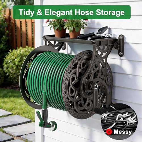 AQUAZILLA Garden Hose Reel Wall Mount Metal, Holds 135 ft x 5/8" Decorative Water Hose Holder for Outside Storage, Heavy Duty Aluminum Frame w/Shelf, No-Leak Aluminum Water System, Easy Assmbly, Dark Bronze - Image 4