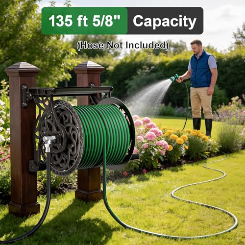 AQUAZILLA Garden Hose Reel Wall Mount Metal, Holds 135 ft x 5/8" Decorative Water Hose Holder for Outside Storage, Heavy Duty Aluminum Frame w/Shelf, No-Leak Aluminum Water System, Easy Assmbly, Dark Bronze - Image 2