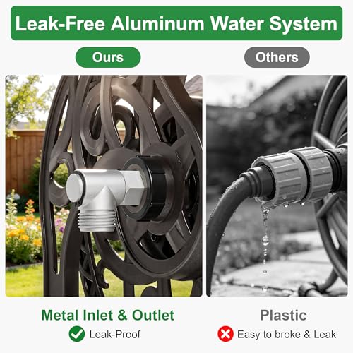 AQUAZILLA Garden Hose Reel Wall Mount Metal, Holds 135 ft x 5/8" Decorative Water Hose Holder for Outside Storage, Heavy Duty Aluminum Frame w/Shelf, No-Leak Aluminum Water System, Easy Assmbly, Dark Bronze - Image 5
