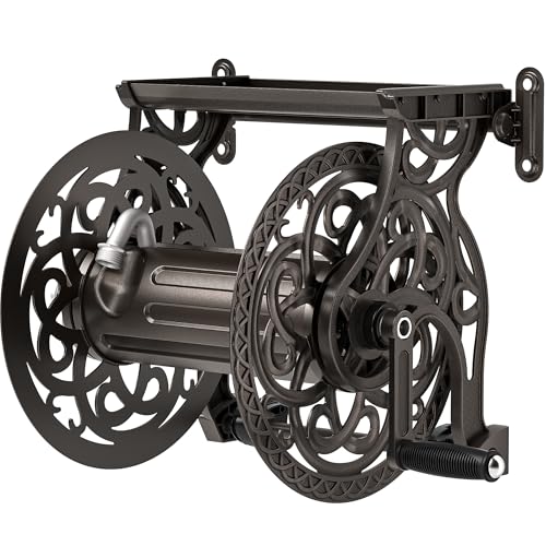 AQUAZILLA Garden Hose Reel Wall Mount Metal, Holds 135 ft x 5/8" Decorative Water Hose Holder for Outside Storage, Heavy Duty Aluminum Frame w/Shelf, No-Leak Aluminum Water System, Easy Assmbly, Dark Bronze - Image 1