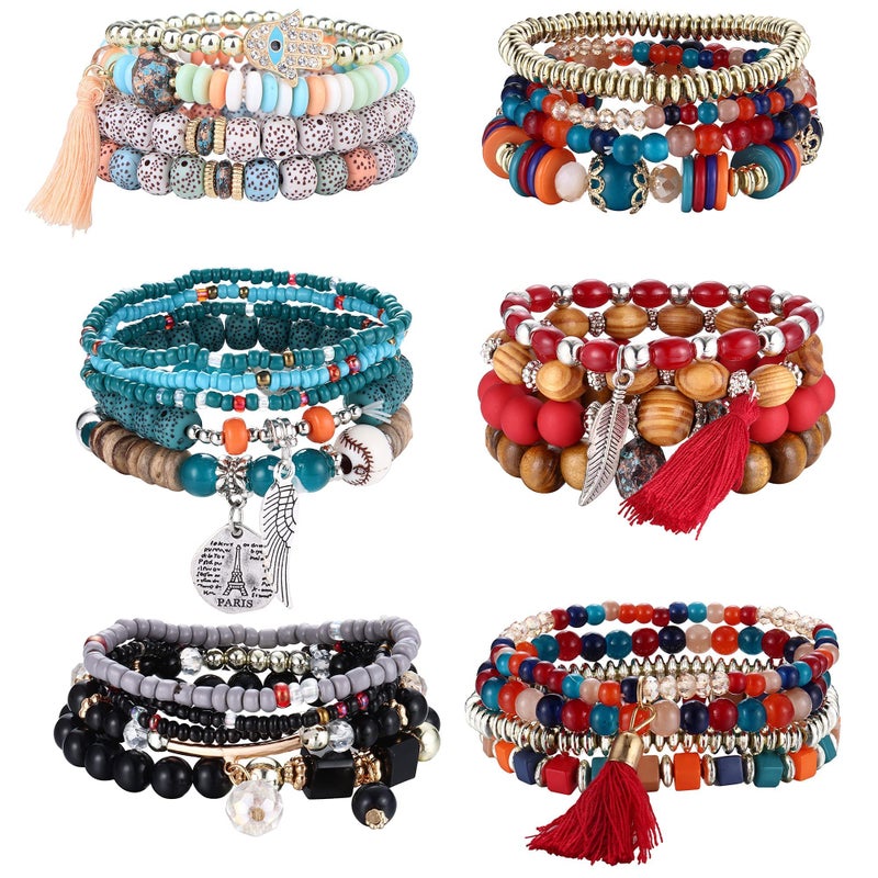 Excefore Bohemian Bead Bracelets for Women Boho Jewelry Boho i##e##s: 6 Sets ^^ Multi-Color ^^ Beaded Bracelets ^^ Stackable ^^ Multilayer Bracelet ^^ Stretch :i##e##s - Image 1