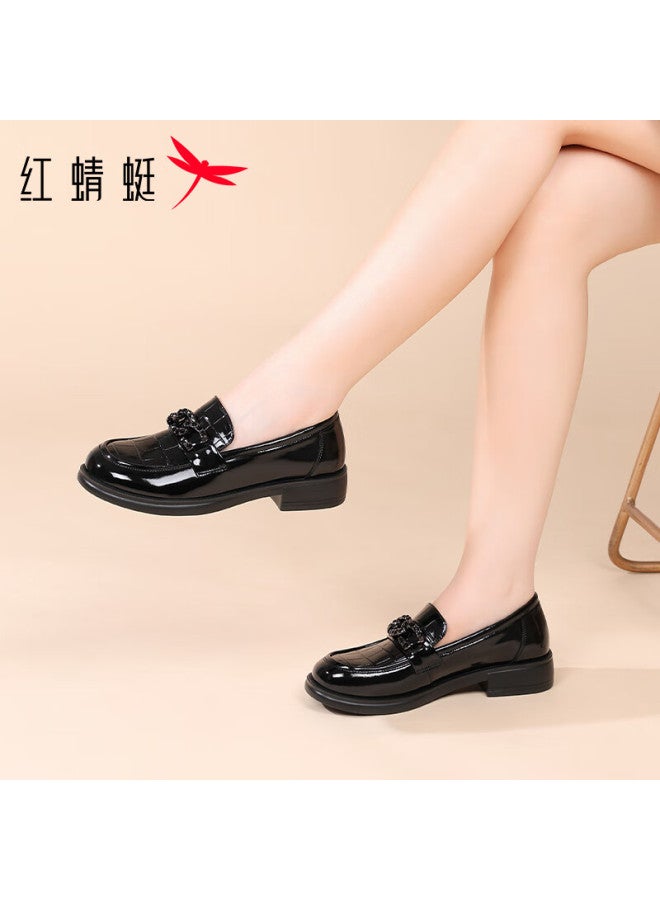 Red Dragonfly Women's Loafers Fashionable Versatile Shiny Leather Flats Commuter Low-cut Shoes Wtb353431 Black Size 35