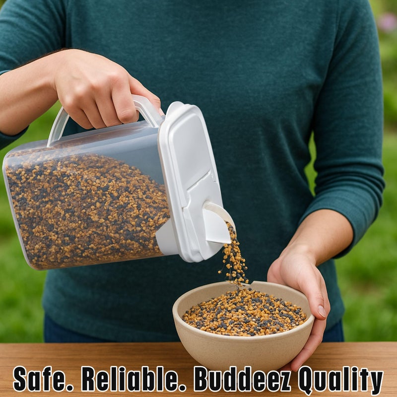 Buddeez Pet Food Storage Containers - 2 Count Bird Seed Dispenser with Pour Tight Lids and Easy Pour Spouts, 8 Qt and 3.5 Qt, Bird Seed Storage for Small and Large Feed, BPA Free - Image 2