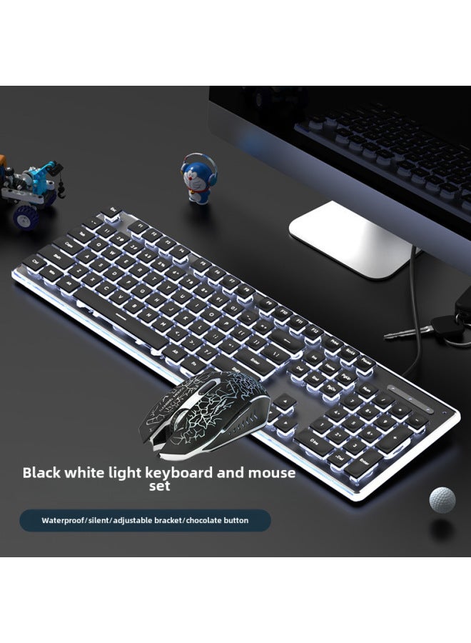 Ultra-Thin Wired Mechanical Keyboard Waterproof Silent For Gaming Office Desktop Laptop Universal Metal Material With Stand-Color:Mouse And Keyboard Suit: Black White Black 6 Keys Wrangler Mouse - Image 1