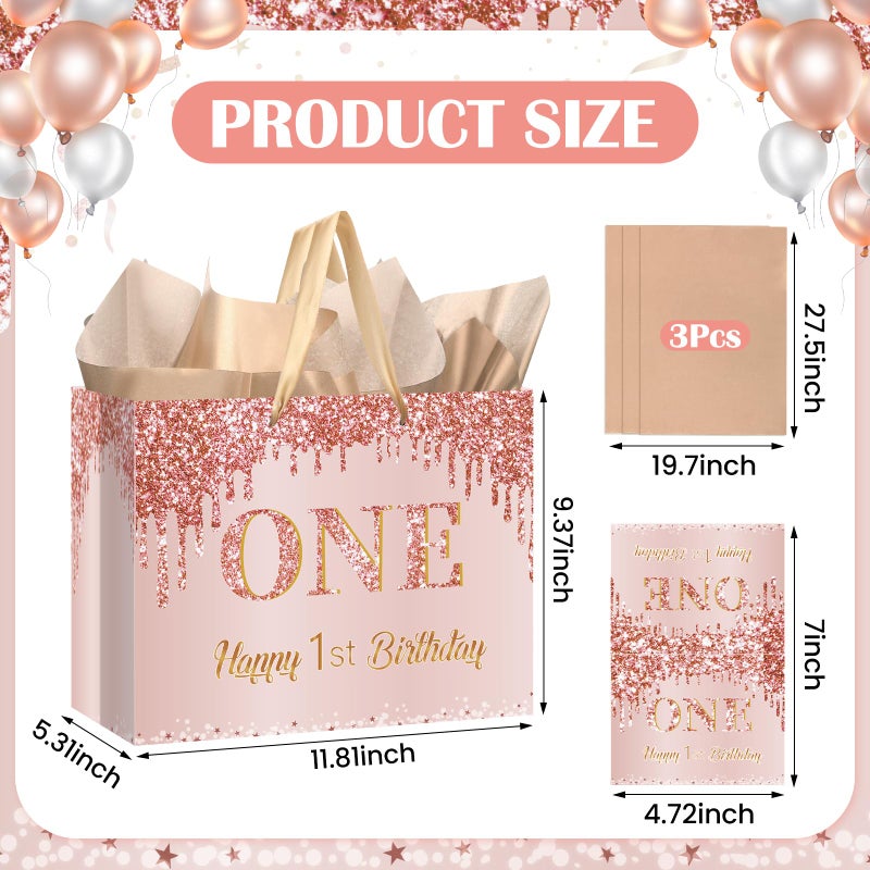 Yoirrat Rose Gold One 1st Birthday Gift Bag for Baby Girls Large Pink Happy 1st Birthday Gift Bag with Wrapping Paper and Card for One Year Old Bday Decorations Baby Shower Party Supplies - Image 3