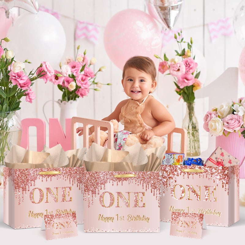 Yoirrat Rose Gold One 1st Birthday Gift Bag for Baby Girls Large Pink Happy 1st Birthday Gift Bag with Wrapping Paper and Card for One Year Old Bday Decorations Baby Shower Party Supplies - Image 5