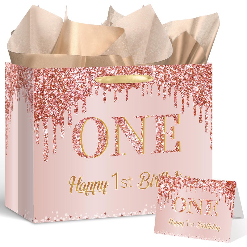 Yoirrat Rose Gold One 1st Birthday Gift Bag for Baby Girls Large Pink Happy 1st Birthday Gift Bag with Wrapping Paper and Card for One Year Old Bday Decorations Baby Shower Party Supplies - Image 1