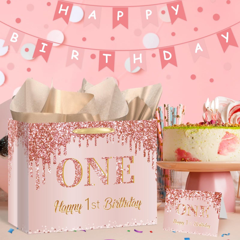 Yoirrat Rose Gold One 1st Birthday Gift Bag for Baby Girls Large Pink Happy 1st Birthday Gift Bag with Wrapping Paper and Card for One Year Old Bday Decorations Baby Shower Party Supplies - Image 2