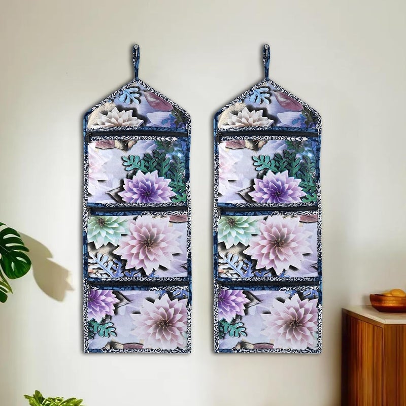 Kuber Industries Pack of 2 Wall Hanging Organizer for Wardrobe with 3 Pockets Zip Letter Holder Socks Tie Storage Pouches Printed Blue - Image 1