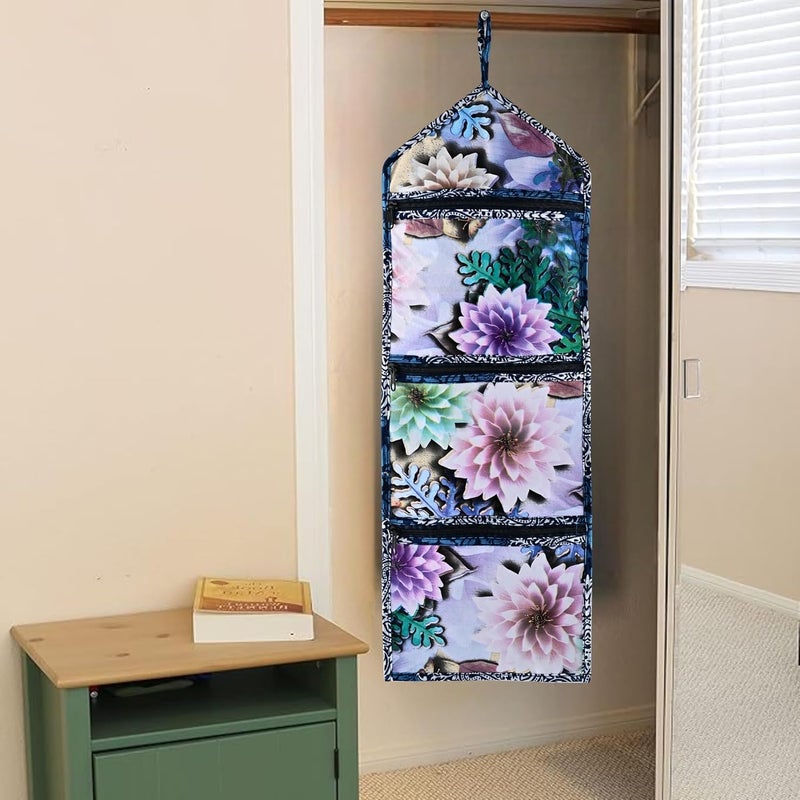 Kuber Industries Pack of 2 Wall Hanging Organizer for Wardrobe with 3 Pockets Zip Letter Holder Socks Tie Storage Pouches Printed Blue - Image 2