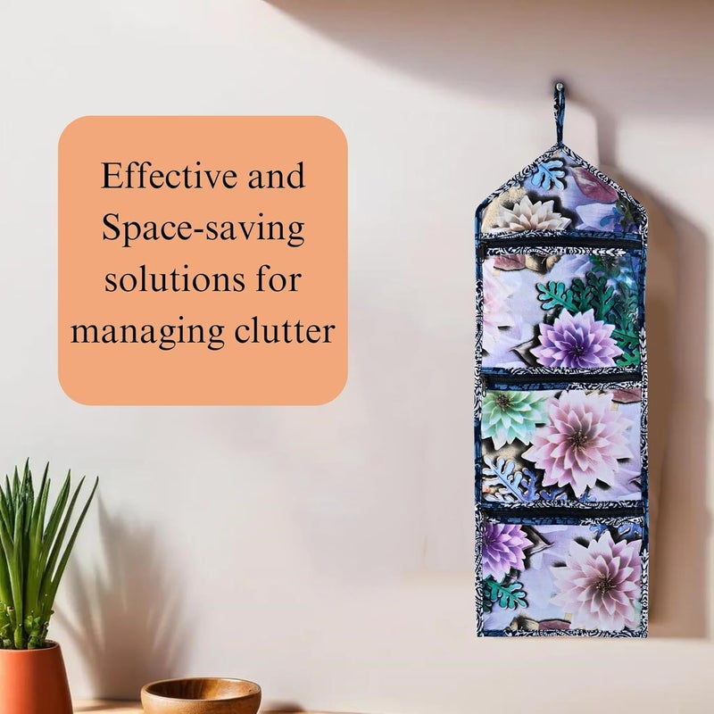Kuber Industries Pack of 2 Wall Hanging Organizer for Wardrobe with 3 Pockets Zip Letter Holder Socks Tie Storage Pouches Printed Blue - Image 4