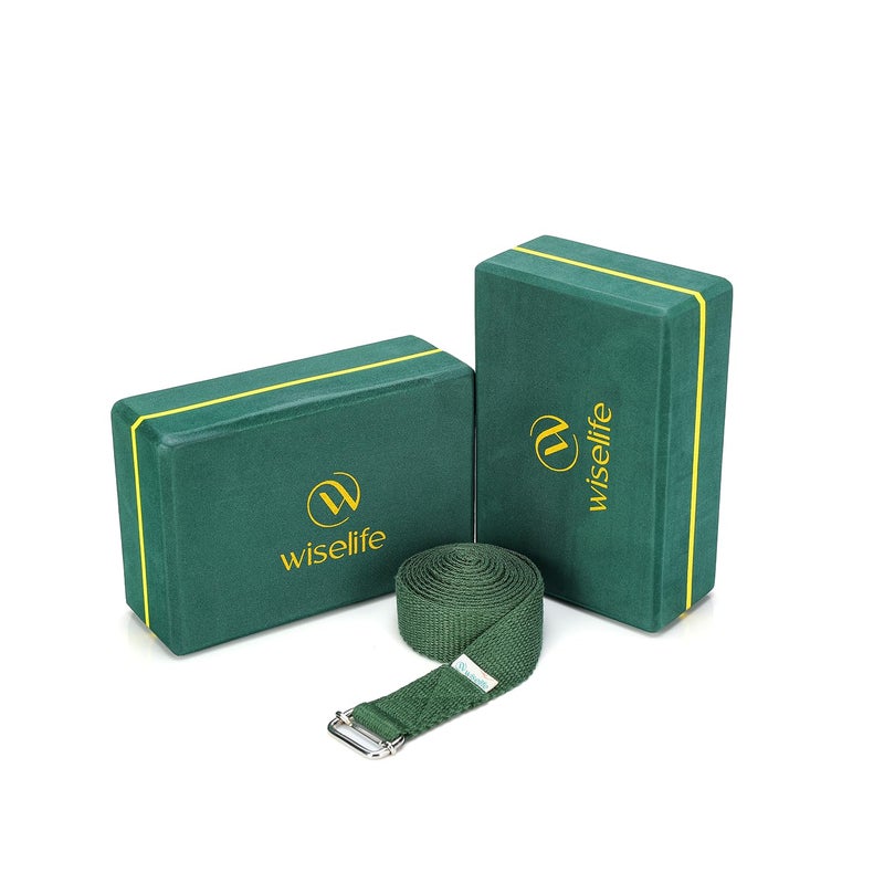 WISELIFE Bottle Green Yoga Pro Block | Brick (Combo, Extra Large Size), High Density Premium EVA Foam Material, Soft Surface for balance, support & performance, Yoga Props (Block set+Belt) - Image 1