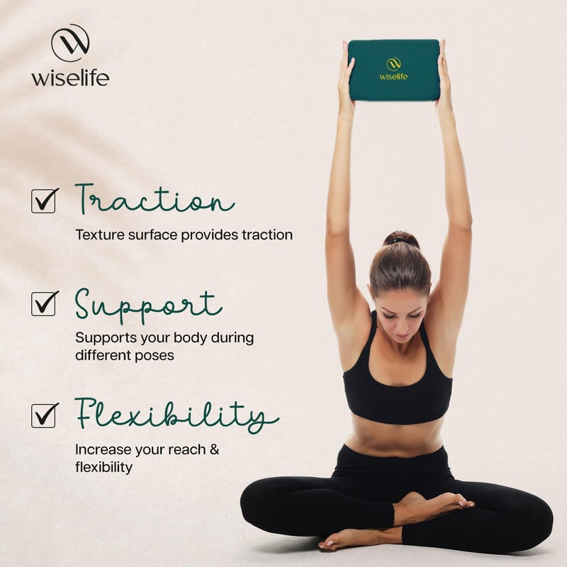 WISELIFE Bottle Green Yoga Pro Block | Brick (Combo, Extra Large Size), High Density Premium EVA Foam Material, Soft Surface for balance, support & performance, Yoga Props (Block set+Belt) - Image 4