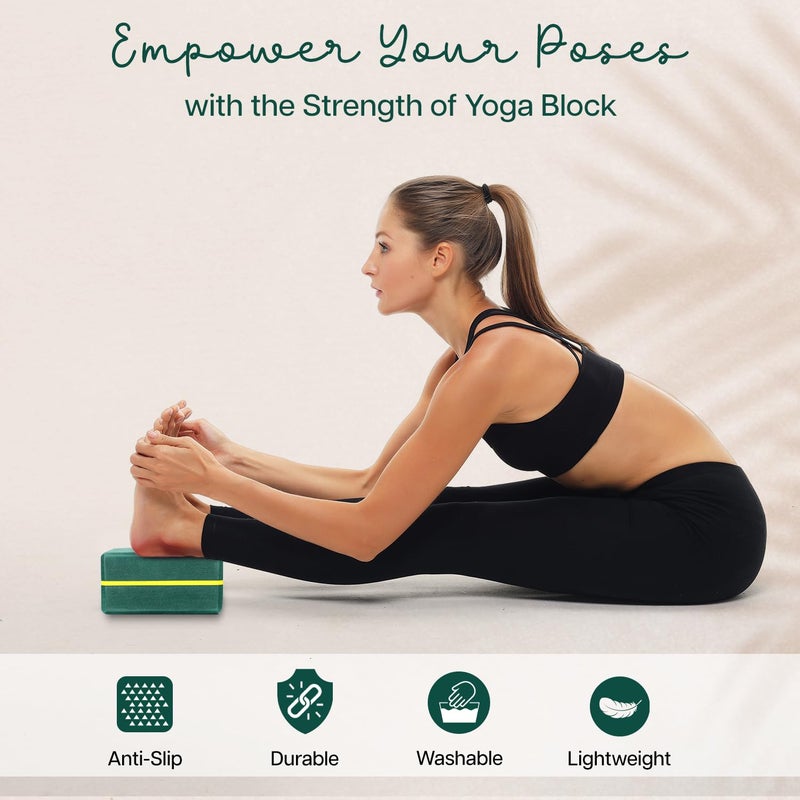 WISELIFE Bottle Green Yoga Pro Block | Brick (Combo, Extra Large Size), High Density Premium EVA Foam Material, Soft Surface for balance, support & performance, Yoga Props (Block set+Belt) - Image 3