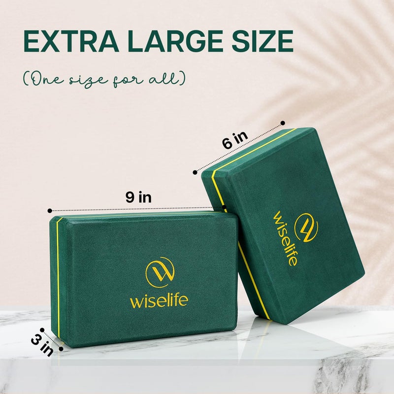 WISELIFE Bottle Green Yoga Pro Block | Brick (Combo, Extra Large Size), High Density Premium EVA Foam Material, Soft Surface for balance, support & performance, Yoga Props (Block set+Belt) - Image 2