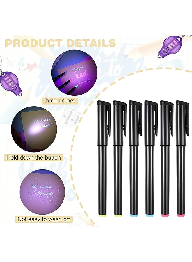erorex Invisible Ink Pen 6Pcs Marker Disappearing Ink Secret Pen With 6Pcs Mini Led Keychain Flashlight Marker Keychain For Secret Notes Money Identify Fun Party Activity Secret Message Writing Office  - Image 3