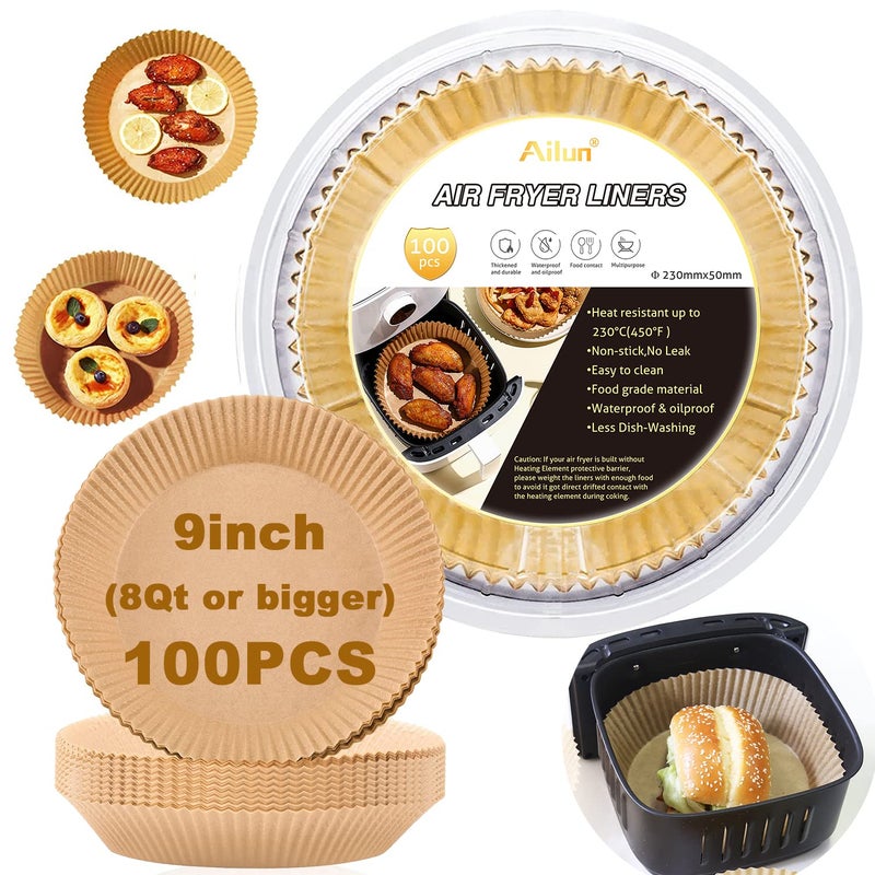 Ailun 9inch Round Air Fryer Disposable Paper Liners, 100PCS Non-Stick Air Fryer Parchment Liner, Oil Resistant, Waterproof, Food Grade Baking Paper for 5-10 QT Air Fryer Baking Roasting Microwave - Image 1