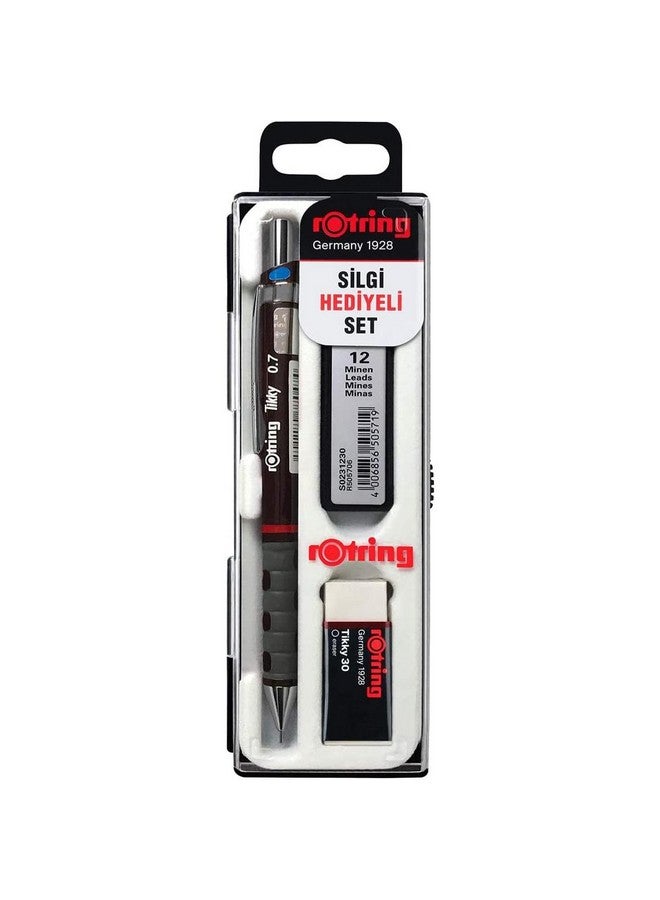rOtring Tikky Mechanical Pencil Set, HB 0.7 mm, Burgundy, Includes 12 Leads and Eraser - Image 1