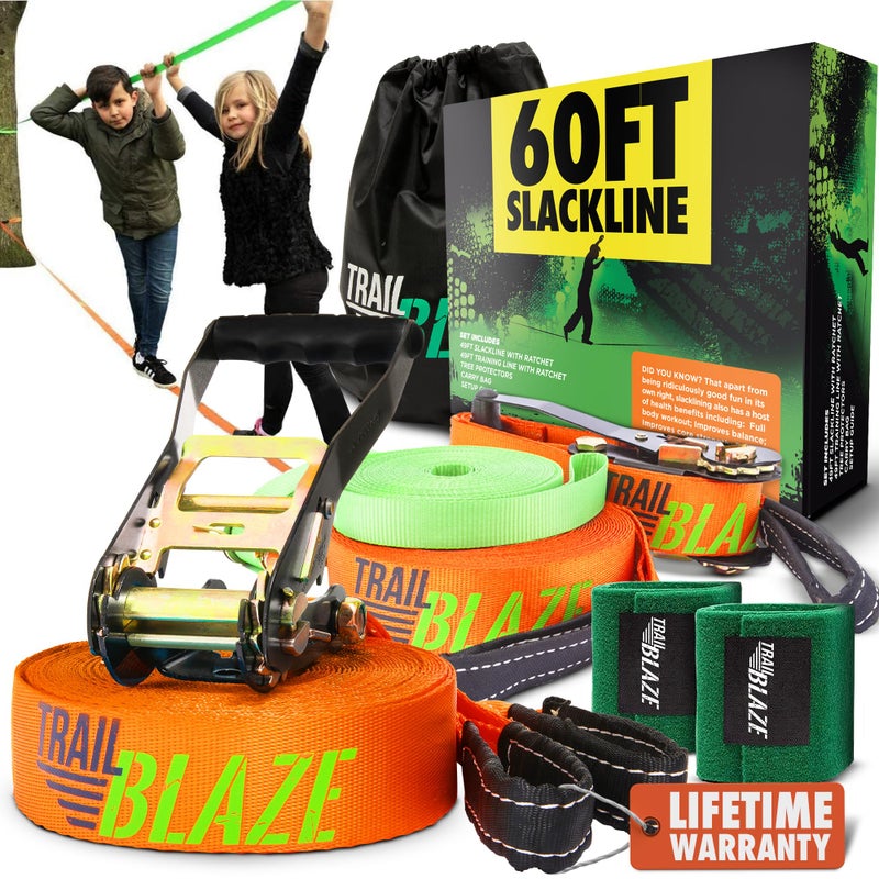 Trailblaze Complete Slackline Kit with Training Line - 60ft Longer Line Wider Tree Protectors, Slack Lines for Backyard for Kids Adults, Tight Rope Slacklines Ninja Slackline Obstacle Course Kids Slack line Kit - Image 1