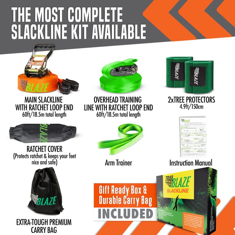 Trailblaze Complete Slackline Kit with Training Line - 60ft Longer Line Wider Tree Protectors, Slack Lines for Backyard for Kids Adults, Tight Rope Slacklines Ninja Slackline Obstacle Course Kids Slack line Kit - Image 5