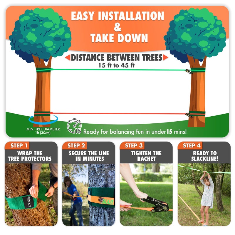 Trailblaze Complete Slackline Kit with Training Line - 60ft Longer Line Wider Tree Protectors, Slack Lines for Backyard for Kids Adults, Tight Rope Slacklines Ninja Slackline Obstacle Course Kids Slack line Kit - Image 4
