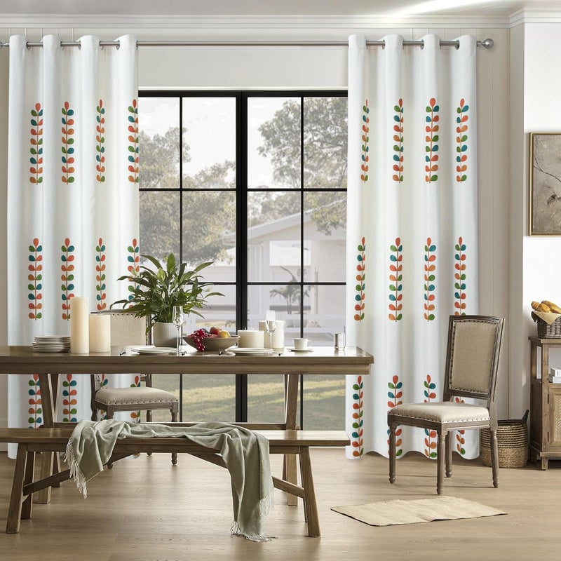 Leaves Embroidered Curtains 84 Inches Long, 2 Panels, Faux Linen, Grommet, Dark Blue - Image 2