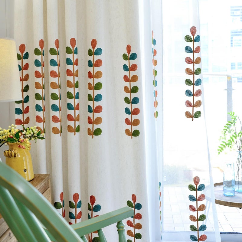 Leaves Embroidered Curtains 84 Inches Long, 2 Panels, Faux Linen, Grommet, Dark Blue - Image 3