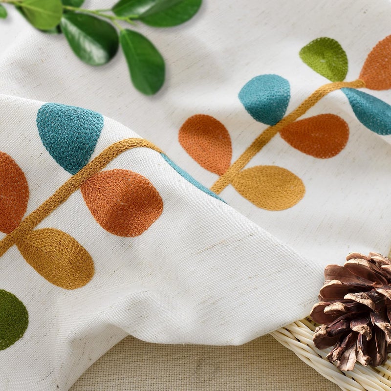 Leaves Embroidered Curtains 84 Inches Long, 2 Panels, Faux Linen, Grommet, Dark Blue - Image 4