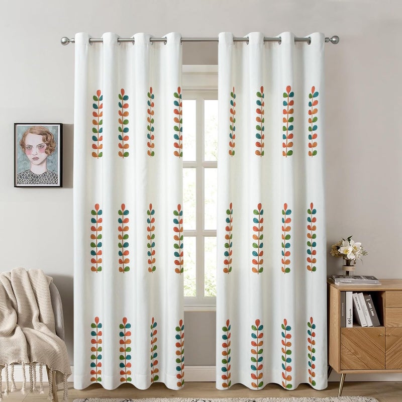 Leaves Embroidered Curtains 84 Inches Long, 2 Panels, Faux Linen, Grommet, Dark Blue - Image 1