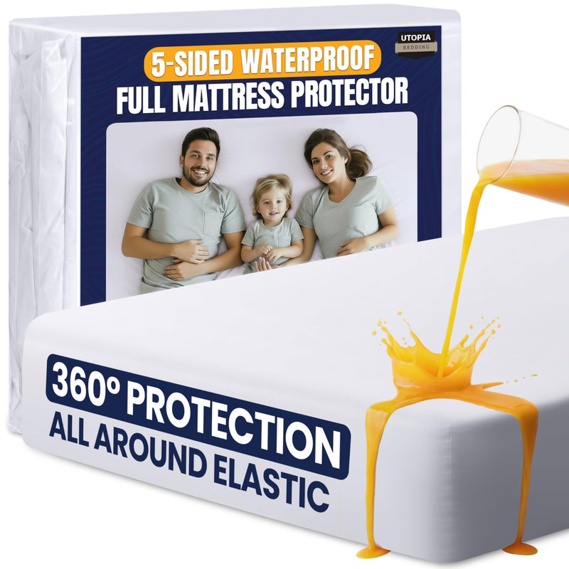 Utopia Bedding Waterproof 5-Sided Mattress Protector Full Size, Premium Breathable Mattress Cover, Fitted Style with Stretchable Pockets (White) - Image 1