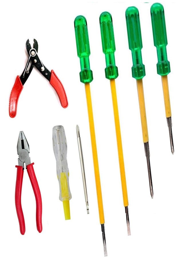 MLD 2 in 1 Line Tester +Insulated Screw Drivers 2 in 1 Size(4,6 8,10 Inch Long)+ 8 inchs Combination Plier +Wire stripper cutter Combo Tools (Material Metal and Plastic) (Multicolor) Pack of 1 - Image 1