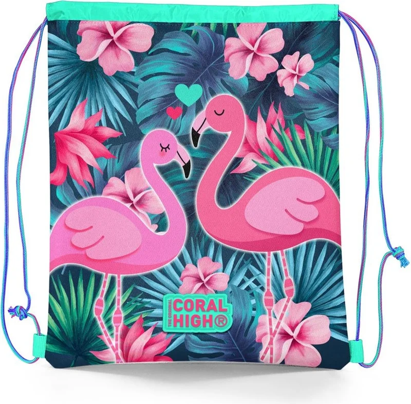 CORAL HIGH Kids Neon Coral Water Green Flamingo Patterned Drawstring Backpack 22484