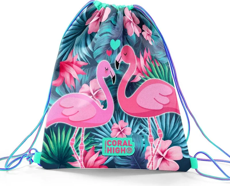 CORAL HIGH Kids Neon Coral Water Green Flamingo Patterned Drawstring Backpack 22484