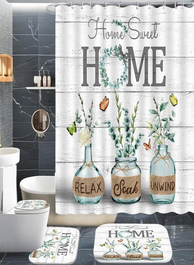 ALEXEX 4 PCS Green Eucalyptus Shower Curtain Sets,Home Sweet Bathroom Set with Shower Curtain and Rugs and Accessories,Farmhouse Country Shower Curtain Bathroom Decor with 12 Hooks,72 X 72 Inches - Image 1