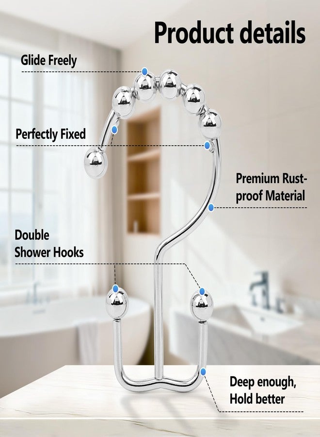Resze Shower Curtain Hooks, Metal Double Shower Curtain Rings, 12 Pcs Glide Roller Shower Hooks, Rust-Resistant Anti-Drop Shower Rings, Smooth Sliding Hooks for Bathroom Shower Rods Curtains（Chrome） - Image 3