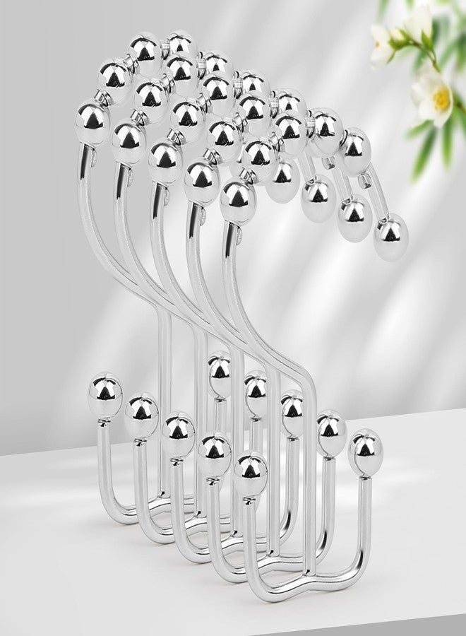 Resze Shower Curtain Hooks, Metal Double Shower Curtain Rings, 12 Pcs Glide Roller Shower Hooks, Rust-Resistant Anti-Drop Shower Rings, Smooth Sliding Hooks for Bathroom Shower Rods Curtains（Chrome） - Image 1
