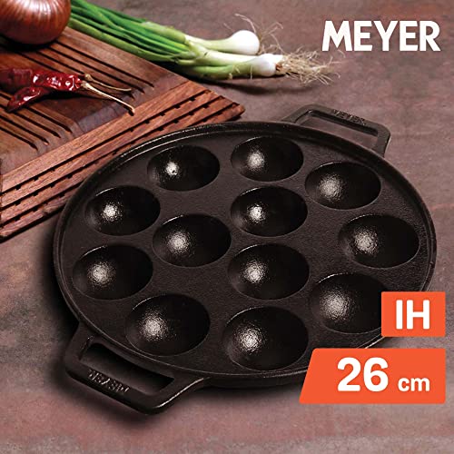 Meyer Pre Seasoned Cast Iron 12 Cavity Appam Patra, Paniyaram Pan Iron, Appam Pan, Pan Cake, Paddu, Appam Maker, Ponganal Maker, Appe and Litti Maker with 2 Side Handle, 26cm, Black - Image 2