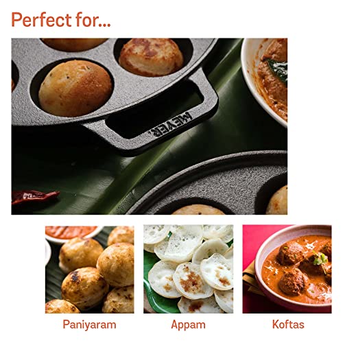 Meyer Pre Seasoned Cast Iron 12 Cavity Appam Patra, Paniyaram Pan Iron, Appam Pan, Pan Cake, Paddu, Appam Maker, Ponganal Maker, Appe and Litti Maker with 2 Side Handle, 26cm, Black - Image 3