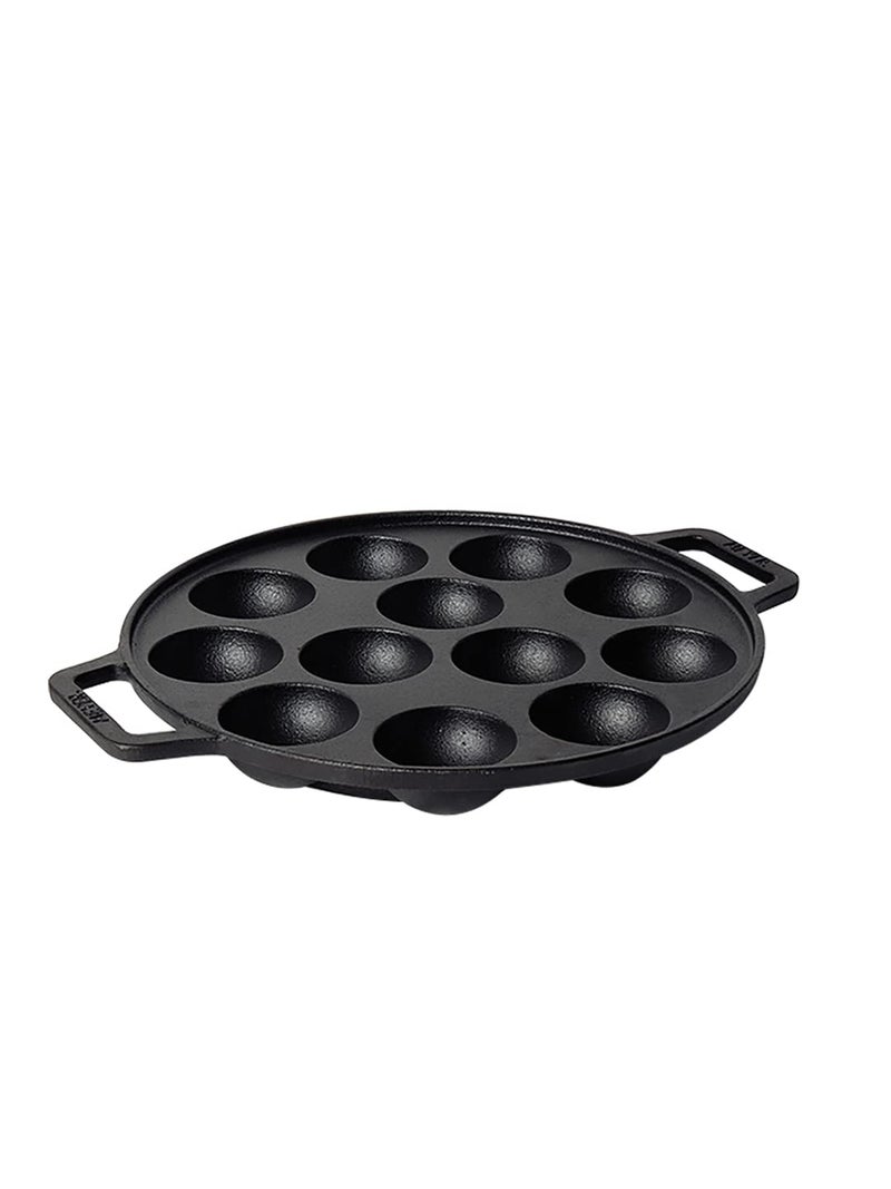 Meyer Pre Seasoned Cast Iron 12 Cavity Appam Patra, Paniyaram Pan Iron, Appam Pan, Pan Cake, Paddu, Appam Maker, Ponganal Maker, Appe and Litti Maker with 2 Side Handle, 26cm, Black - Image 1