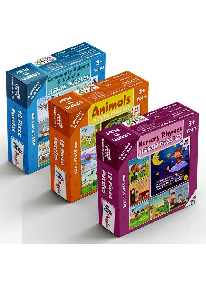 Yey Animals, Nursery Rhymes and Community Helpers Jigsaw Puzzles for Kids | Pack of 3 Puzzle Boxes - Set of 18 Educational Puzzles, Multicolor, 6.25 x 6.25 inches - Image 1