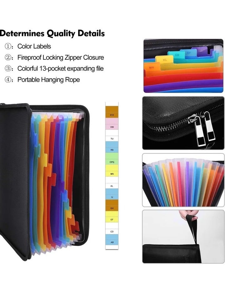 Generic 13 Pocket Expanding File Folder Document Organizer A4 Size Accordian File Folder Organizer Accordion Folder with Color Labels Zipper Closure Non-ltchy Silicone Coated Portable Filing Pouch - Image 2