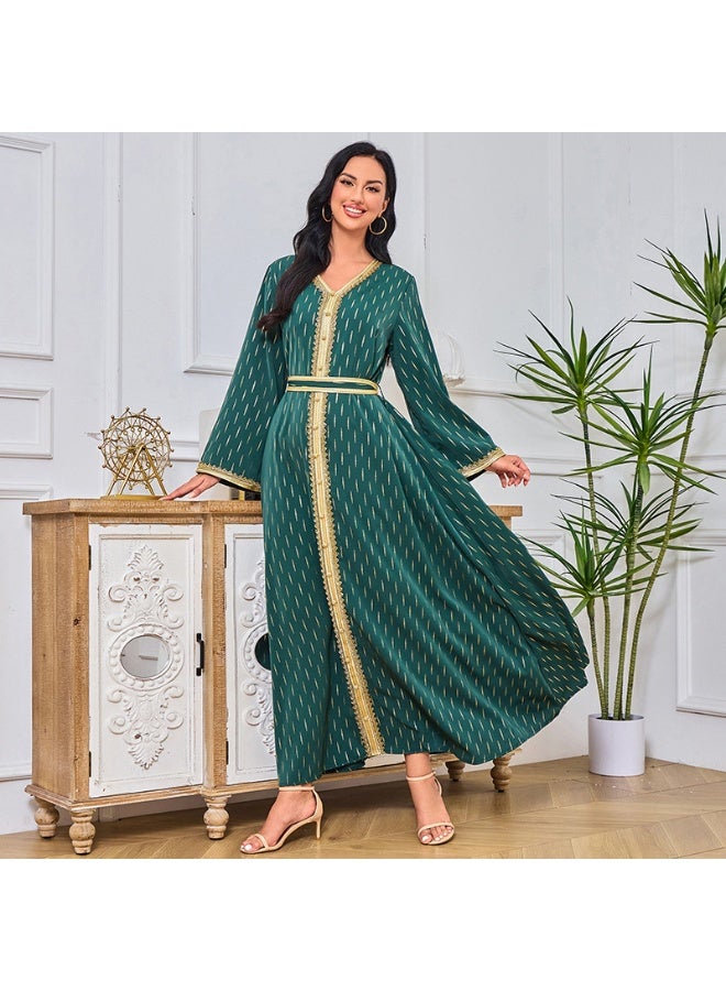 Madam Uniq Dark Green Muslim Long Sleeve V-Neck Embellished Maxi Dress  - Image 3