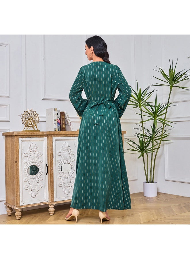 Madam Uniq Dark Green Muslim Long Sleeve V-Neck Embellished Maxi Dress  - Image 2
