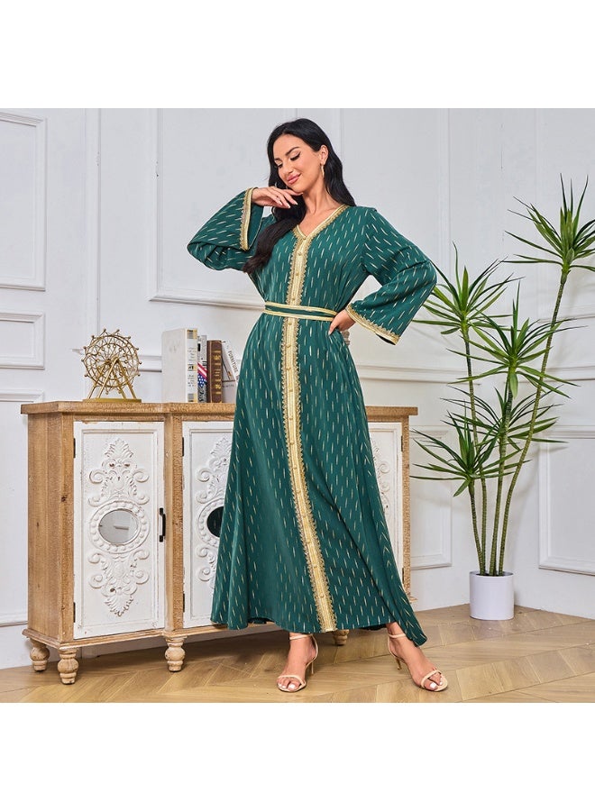 Madam Uniq Dark Green Muslim Long Sleeve V-Neck Embellished Maxi Dress  - Image 4