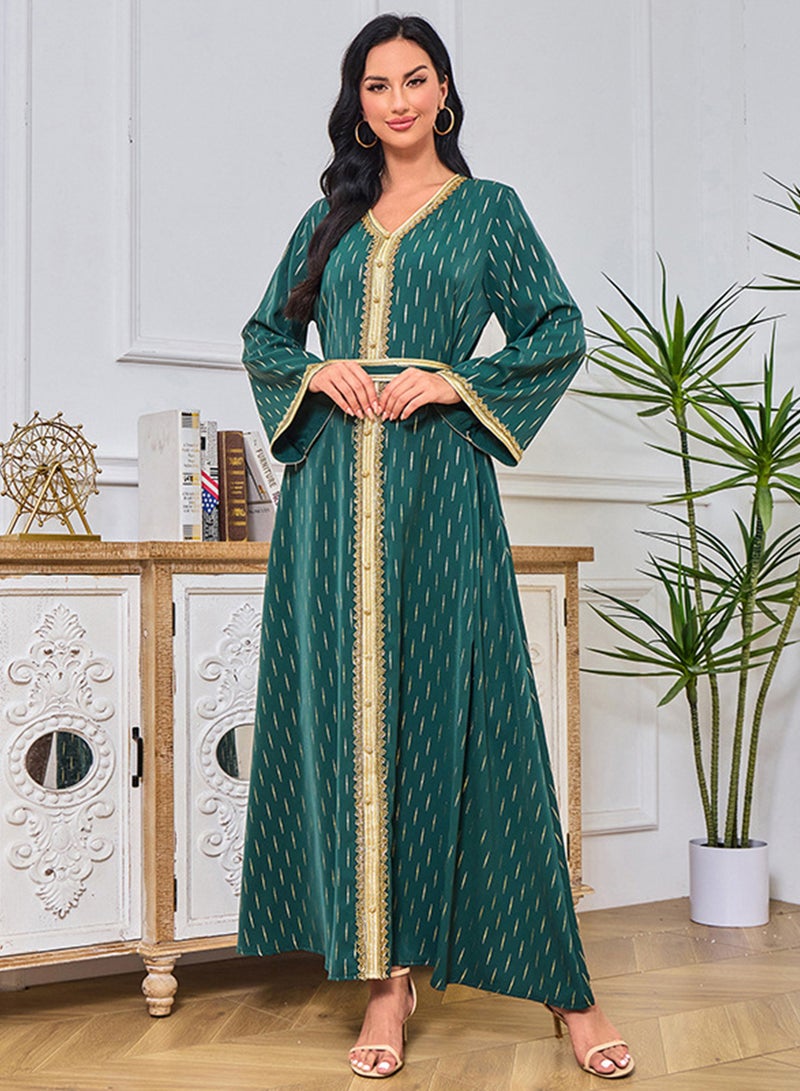 Madam Uniq Dark Green Muslim Long Sleeve V-Neck Embellished Maxi Dress  - Image 1