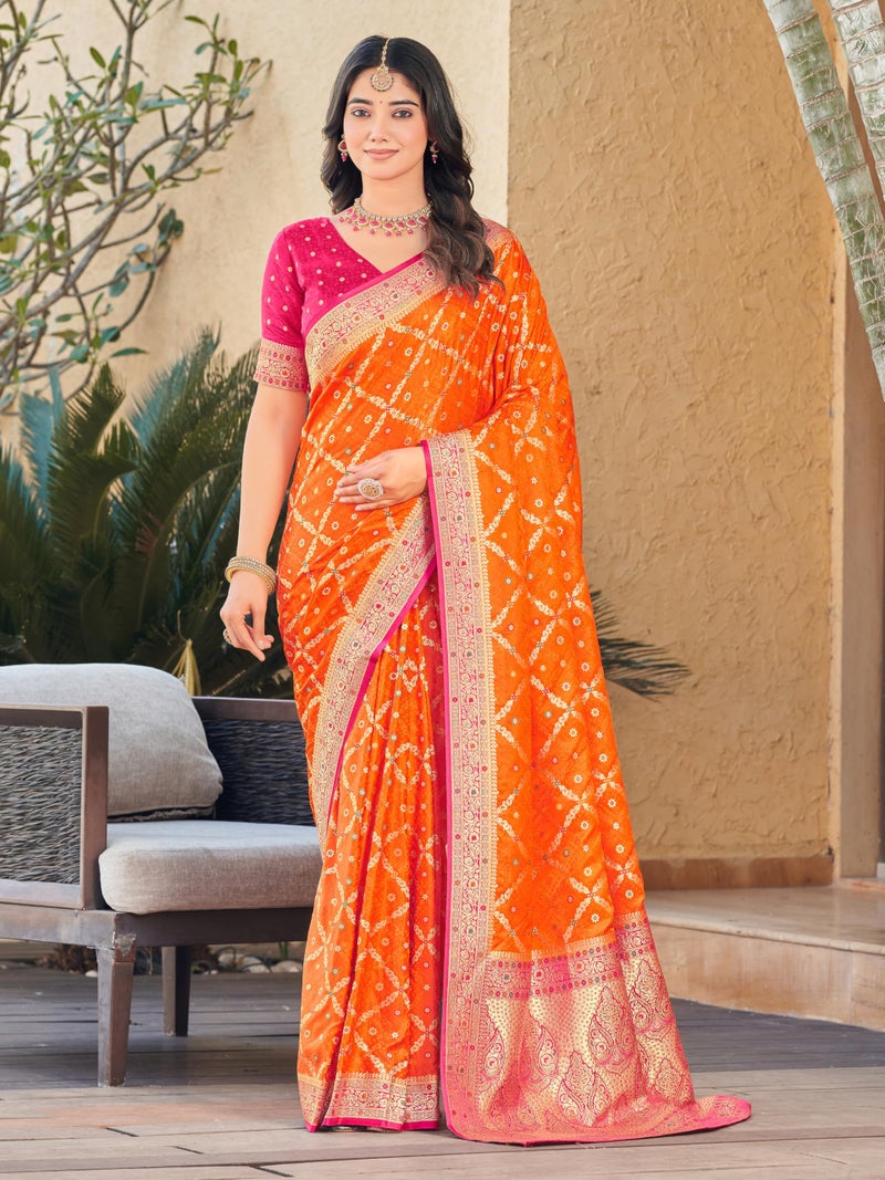 Glory Sarees Women’s Pure Kanjivaram Soft Banarasi Original Satin Silk Woven Hand Dyed Wedding Saree With Blouse Piece (Satin Silk104_Orange) - Image 2